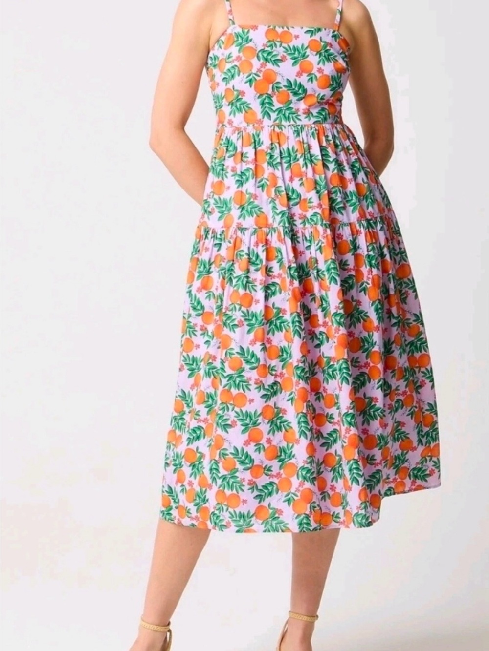 J. Crew lavender background Midi Dress with Oranges, flowers & Green Fruit Print